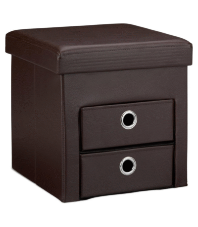 Nilkamal Folding Storage Ottoman with 2 Pull-Out Drawers – Faux Leather Seat Pouffe Footstool with Removable Box, Foldable Storage Cube (Brown, 38 x 38 x 38 cm)