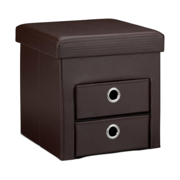 Nilkamal Folding Storage Ottoman with 2 Pull-Out Drawers – Faux Leather Seat Pouffe Footstool with Removable Box, Foldable Storage Cube (Brown, 38 x 38 x 38 cm)