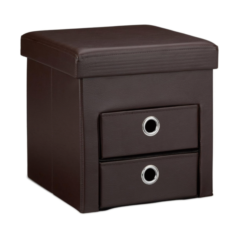 Nilkamal Folding Storage Ottoman with 2 Pull-Out Drawers – Faux Leather Seat Pouffe Footstool with Removable Box, Foldable Storage Cube (Brown, 38 x 38 x 38 cm)