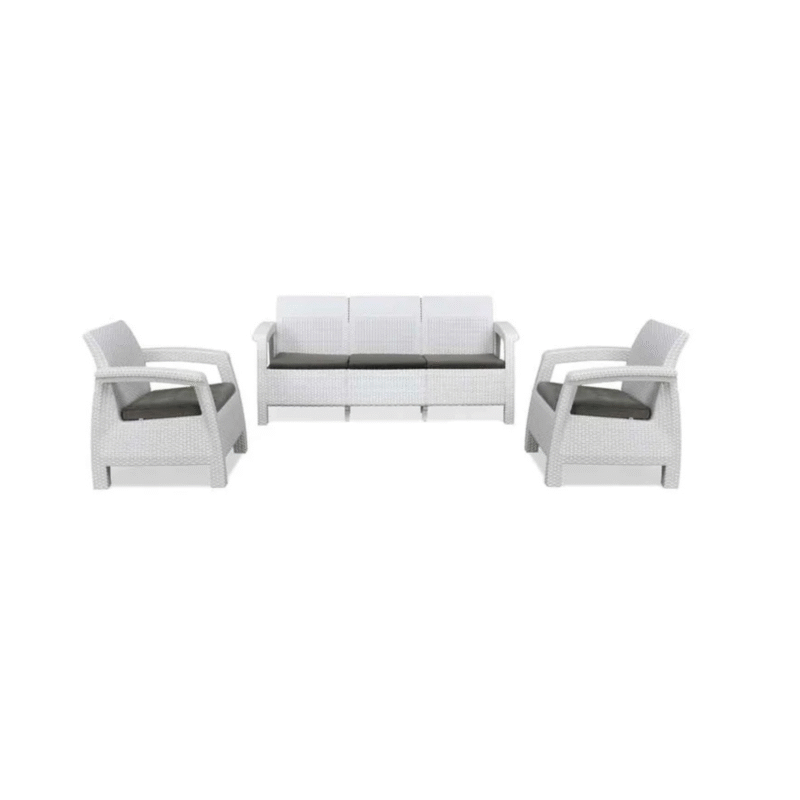 Nilkamal Goa 3+1+1 Seater Plastic Sofa Set with Cushions – Milky White & Grey | Durable & Elegant Living Room Furniture