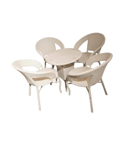 KRISHTHA Backyards Patio Chair Set – 4 Wicker Chairs & 1 Coffee Table for Garden, Balcony & Outdoor Use | Powder-Coated Frame | UV Protected Rattan (White)
