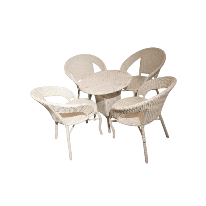 KRISHTHA Backyards Patio Chair Set – 4 Wicker Chairs & 1 Coffee Table for Garden, Balcony & Outdoor Use | Powder-Coated Frame | UV Protected Rattan (White)