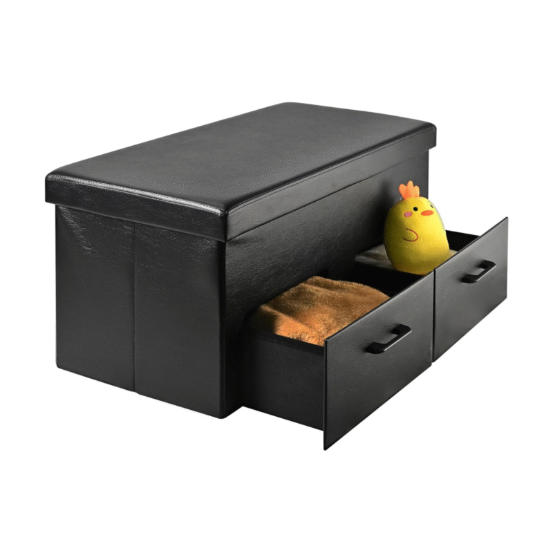 Nilkamal 31-Inch Folding Storage Ottoman with 2 Drawers – Faux Leather Bench Seat & Footrest | Multi-Use Storage Box for Bedroom, Living Room (Black, 78 x 40 x 40 cm)