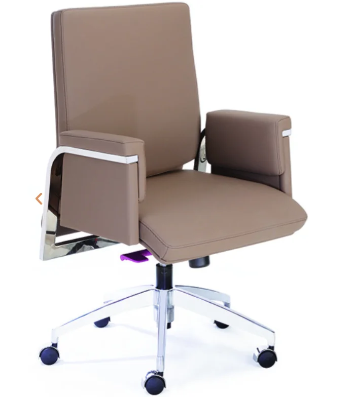 Discover the Krishtha brown leather office chair with fixed arms, 360° rotation, and a stainless steel base with 5 wheels—ideal for office comfort and mobility.