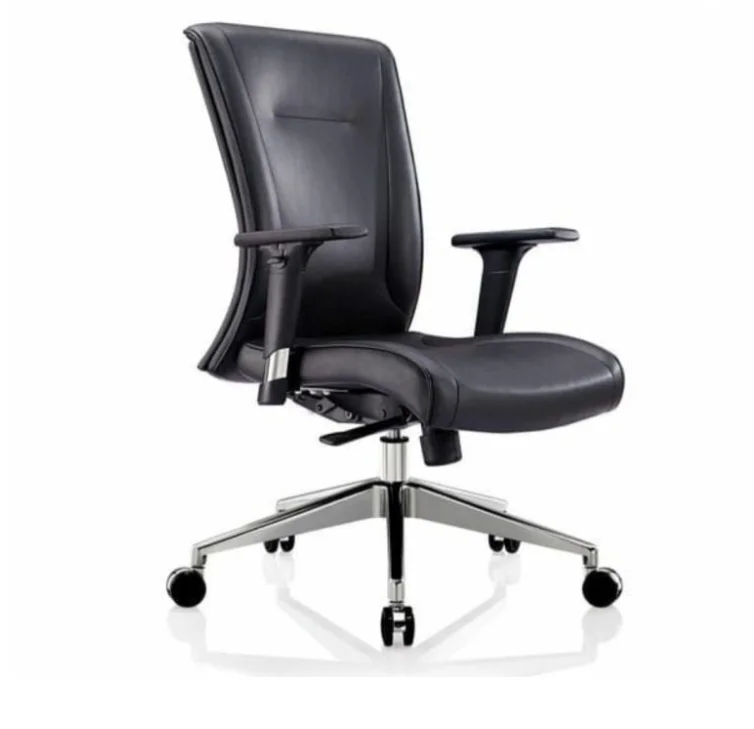 Krishtha STC1029 office chair with premium black leather, adjustable arms, 360° swivel, and durable stainless steel legs. Made in India. Ideal for office use.