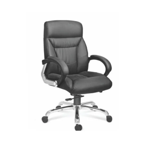 Krishtha STC1031 black leather office chair with adjustable arms, 360° swivel, and a sturdy stainless steel base. Made in India. Perfect for modern office spaces.