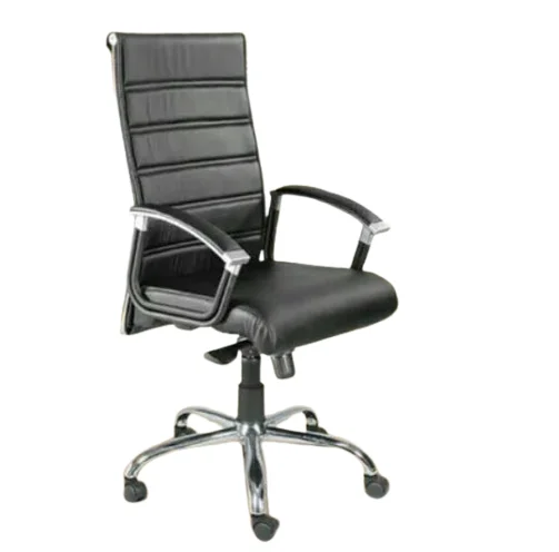 Krishtha mid back executive chair with black leather seat, stainless steel frame, fixed arms, 5-wheel base, and 360° rotation. 3-month warranty included.