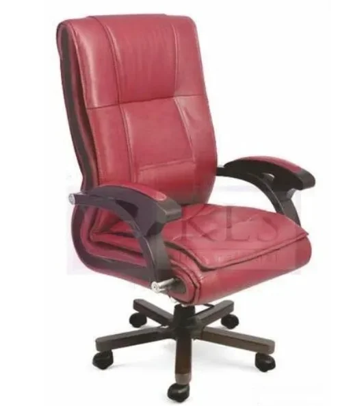 Stylish red Krishtha leather office chair with arm support, torsion bar mechanism, and stainless steel base. Rotatable with 5 wheels for mobility.