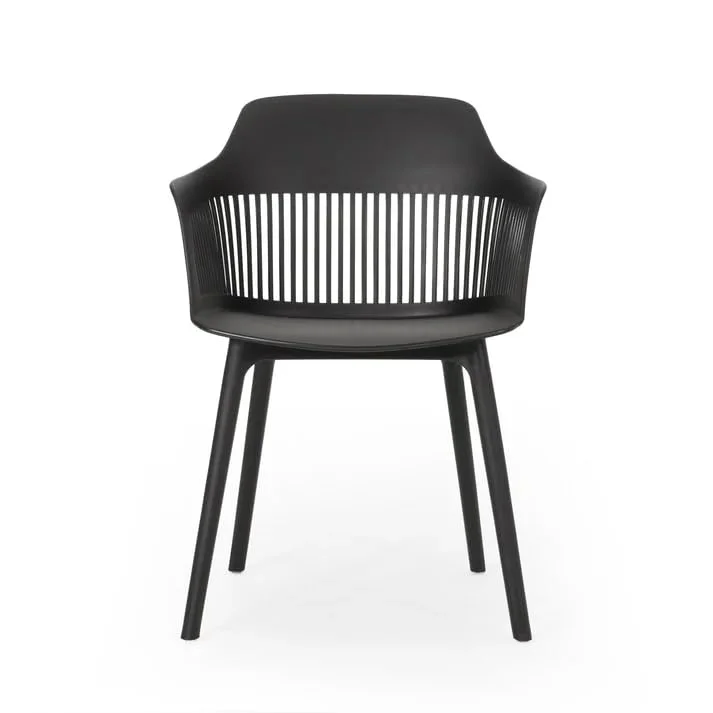 KRISHTHA Modern Dining Chair for Outdoor & Indoor Use with Curved Slat Back and Armrest Support – Plastic Chair with Cushion Seat (Black, Pack of 1)